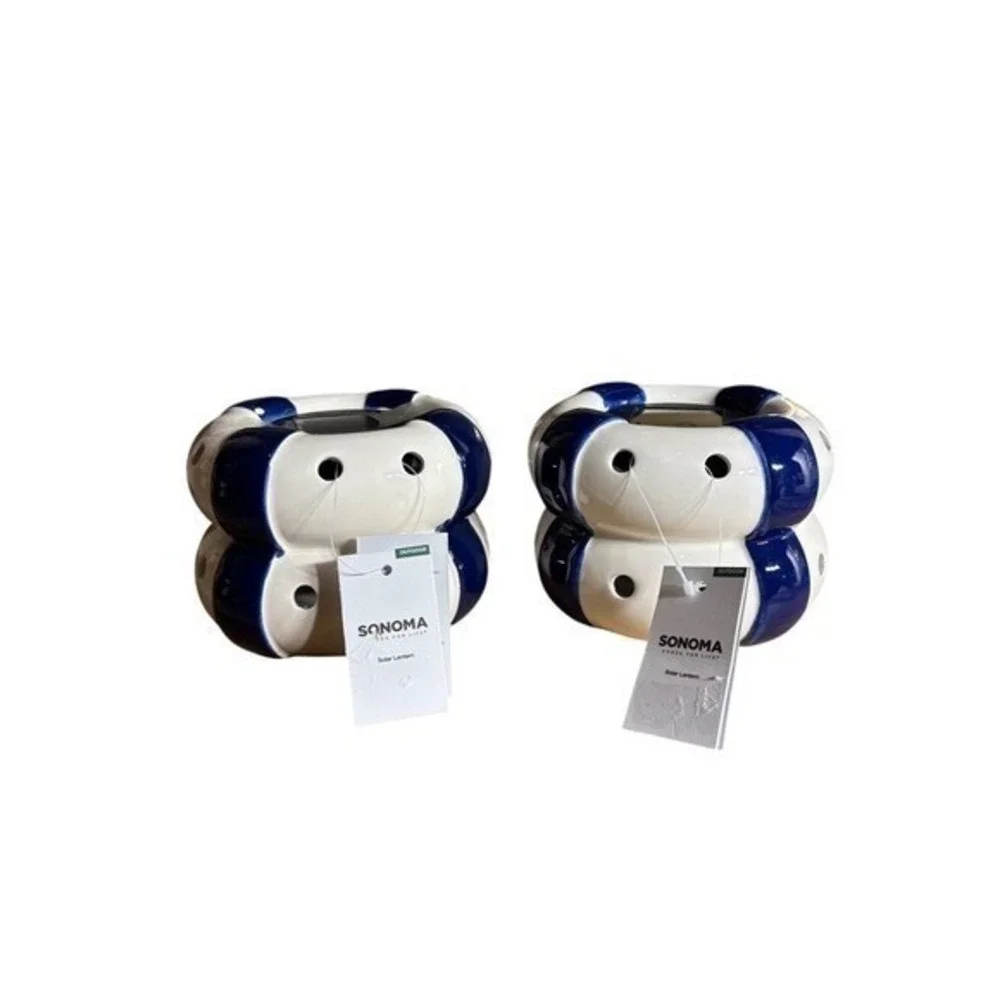 Sonoma Solar Lanterns Summer Tubes set (2) Blue & White Ceramic GIFT NEW